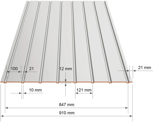 Profilblech mit Abmessungen: Gesamtbreite 910 Millimeter, Nutzbreite 847 Millimeter, Profilhöhe 12 Millimeter und Rippenabstand 121 Millimeter.