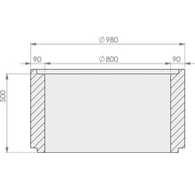 Dessin technique anneau de puits avec diamètre extérieur 980, diamètre intérieur 800, épaisseur 90 et hauteur 500 millimètres.