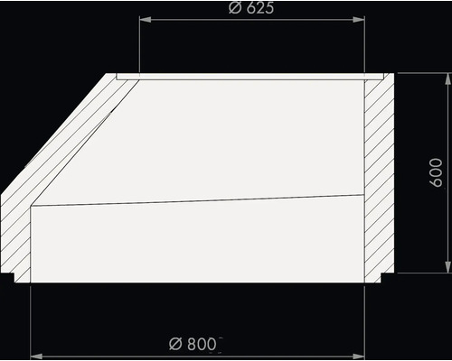 Dessin technique d'un cône de regard avec un diamètre supérieur de 625 millimètres, un diamètre inférieur de 800 millimètres et une hauteur de 600 mm.