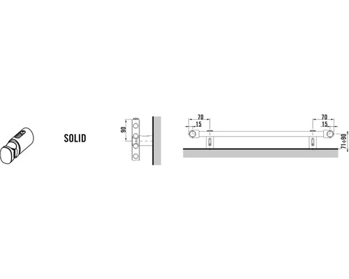 Technische Zeichnung und dreidimensionale Ansicht des Stoßgriffs Solid mit Maßangaben in Millimetern.