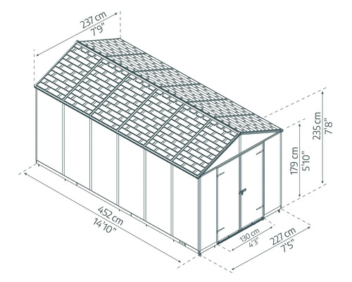 Schéma avec dimensions d'un abri de jardin. Longueur 452 centimètres, largeur 237 centimètres, hauteur 235 centimètres.