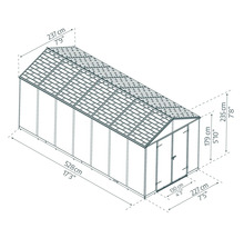 Dessin technique d un abri de jardin avec dimensions : longueur 528 centimètres, largeur 237 centimètres, hauteur totale 235 centimètres.