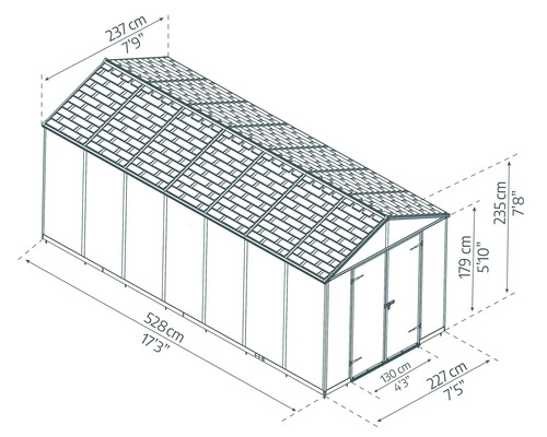 Dessin technique d un abri de jardin avec dimensions : longueur 528 centimètres, largeur 237 centimètres, hauteur totale 235 centimètres.