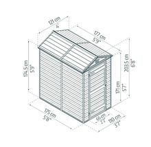 Dessin technique d'un abri de jardin avec des dimensions détaillées pour la hauteur, la largeur et la profondeur.