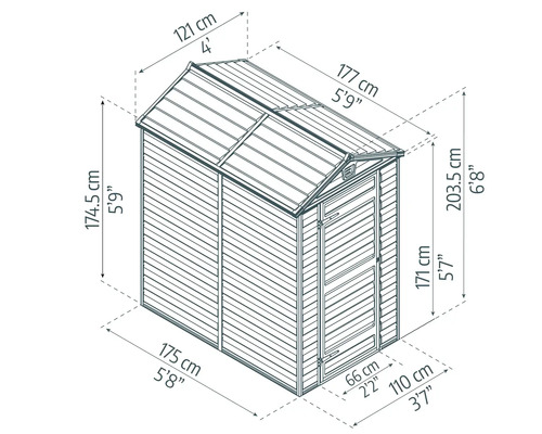 Dessin technique d'un abri de jardin avec des dimensions détaillées pour la hauteur, la largeur et la profondeur.