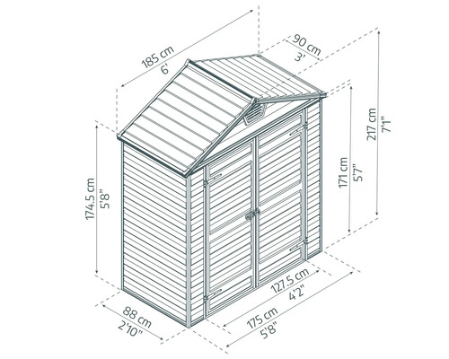 Dessin technique d'un abri de jardin avec dimensions en centimètres. Largeur 185 centimètres, profondeur 90 centimètres, hauteur 217 centimètres.