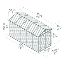 Croquis coté d'un abri de jardin. Longueur 379 centimètres, largeur 185 centimètres, hauteur 217 centimètres, hauteur de paroi 174,5 centimètres.