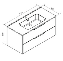 Maßzeichnung Waschbeckenunterschrank mit zwei Schubladen und Waschbecken, Breite 1010 Millimeter, Tiefe 465 Millimeter, Höhe 500 Millimeter.