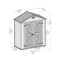 Schéma coté d un abri de jardin avec toit à deux pans et double porte. Largeur 185 centimètres, profondeur 90 centimètres, hauteur 217 centimètres.