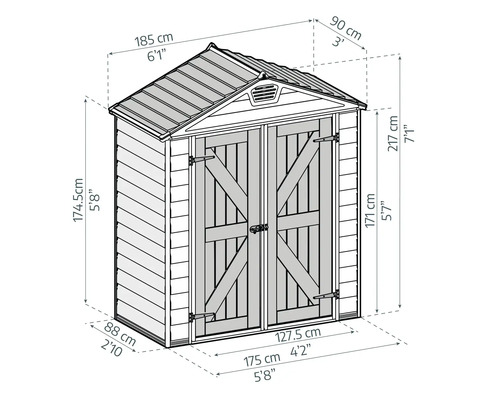 Schéma coté d un abri de jardin avec toit à deux pans et double porte. Largeur 185 centimètres, profondeur 90 centimètres, hauteur 217 centimètres.
