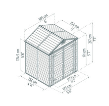 Dessin technique abri de jardin en centimètres : largeur 185, profondeur 154, hauteur 217, socle 175 sur 152, porte 127,5 sur 171.
