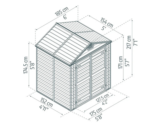 Dessin technique abri de jardin en centimètres : largeur 185, profondeur 154, hauteur 217, socle 175 sur 152, porte 127,5 sur 171.
