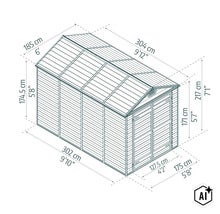 Technische Zeichnung eines Gartenhauses mit Maßangaben in Zentimeter und Fuß für Länge, Breite und Höhe. (Image AI modified or generated)