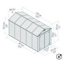 Massskizze eines Gartenhauses mit Satteldach und Doppeltür inklusive Angaben zu Breite Tiefe und Höhe in Zentimetern und Fuß (Image AI modified or generated)