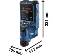 Détecteur Bosch avec dimensions hauteur 231 millimètres, largeur 106 millimètres et profondeur 112 millimètres.