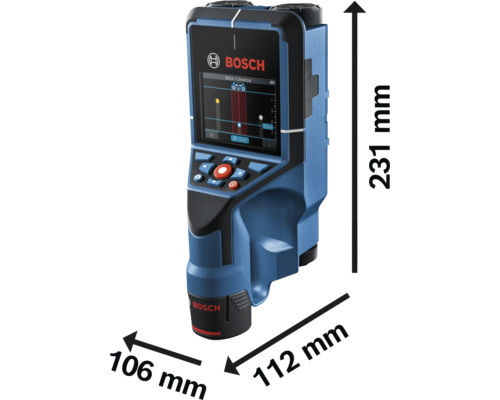Détecteur Bosch avec dimensions hauteur 231 millimètres, largeur 106 millimètres et profondeur 112 millimètres.