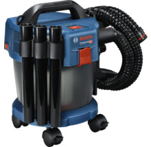 Aspirateur eau et poussière sans fil Bosch Professional GAS 18 Volt-10 Litres bleu et noir avec tubes et tuyau flexible sur roulettes.