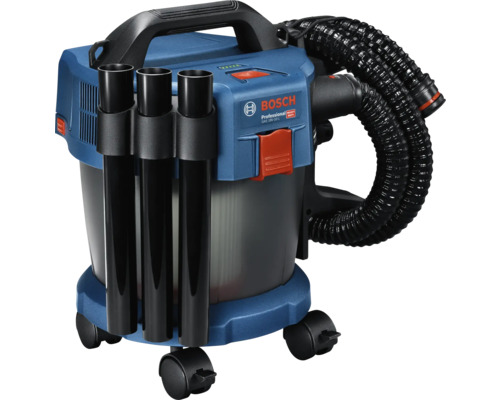 Aspirateur eau et poussière sans fil Bosch Professional GAS 18 Volt-10 Litres bleu et noir avec tubes et tuyau flexible sur roulettes.