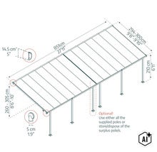 Dessin technique d'une couverture de terrasse avec dimensions en centimètres et informations sur les poteaux optionnels. (Image AI modified or generated)