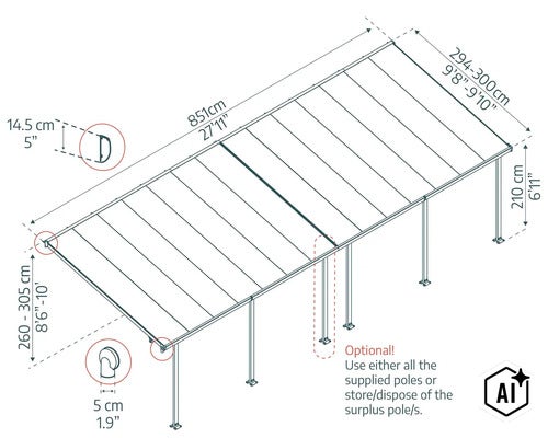 Dessin technique d'une couverture de terrasse avec dimensions en centimètres et informations sur les poteaux optionnels. (Image AI modified or generated)