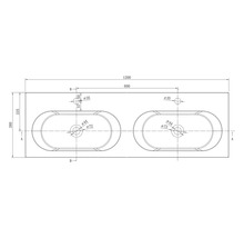 Dessin technique pour un double lavabo avec deux vasques ovales, largeur totale 1200 millimètres et profondeur 380 millimètres.