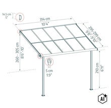 Dessin technique d'une couverture de terrasse avec les dimensions détaillées de la largeur, la profondeur et la hauteur de montage. (Image AI modified or generated)