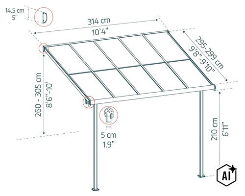 Dessin technique d'une couverture de terrasse avec les dimensions détaillées de la largeur, la profondeur et la hauteur de montage. (Image AI modified or generated)