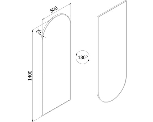 Maßzeichnung eines bogenförmigen Paneels, Höhe 1400 Millimeter, Breite 500 Millimeter, Tiefe 20 Millimeter, um 180 Grad drehbar.