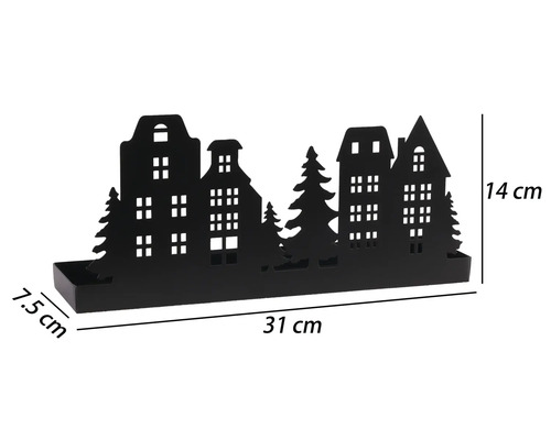 Porte-bougie noir en métal avec silhouette de maisons et de sapins, largeur 31 centimètres, hauteur 14 centimètres, profondeur 7,5 centimètres.