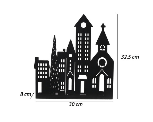 Silhouette de ville décorative en métal noir avec église et maisons, largeur 30 centimètres, hauteur 32,5 centimètres, profondeur 8 centimètres.