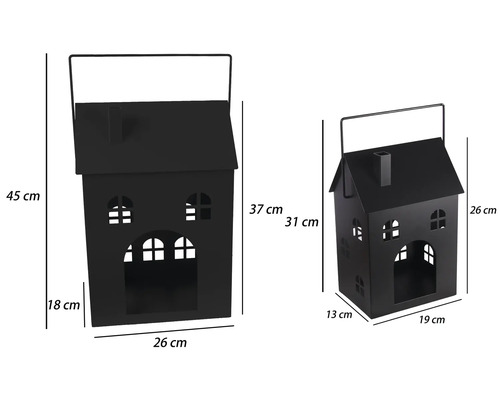Zwei schwarze Windlichter aus Metall in Hausform mit Maßangaben in Zentimeter.