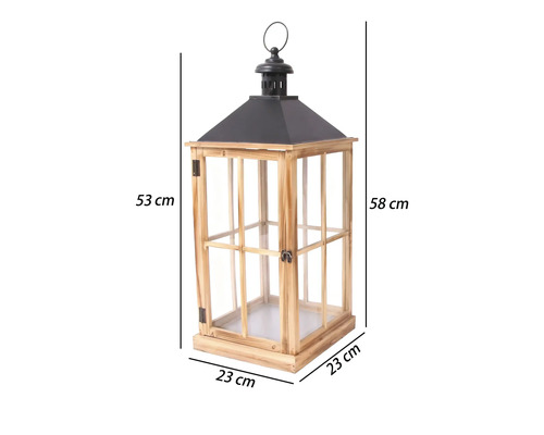 Lanterne en bois avec toit en métal noir et verre, hauteur 58 centimètres, largeur 23 centimètres, profondeur 23 centimètres.