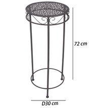 Porte-plantes en métal avec ornements décoratifs et plateau rond perforé, hauteur 72 centimètres, diamètre 30 centimètres.