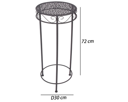 Porte-plantes en métal avec ornements décoratifs et plateau rond perforé, hauteur 72 centimètres, diamètre 30 centimètres.