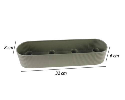 Coupe oblongue grise avec structure nervurée et quatre supports à l'intérieur, dimensions 32 par 8 par 6 centimètres.