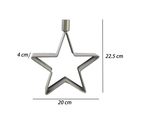 Bougeoir en métal en forme d'étoile avec dimensions : hauteur 22,5 centimètres, largeur 20 centimètres, profondeur 4 centimètres.