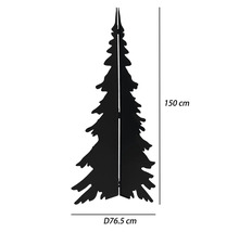 Silhouette de sapin de Noël en métal noir, hauteur 150 centimètres, diamètre 76,5 centimètres.