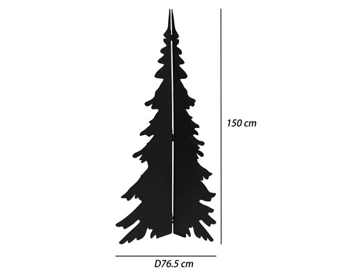 Silhouette de sapin de Noël en métal noir, hauteur 150 centimètres, diamètre 76,5 centimètres.