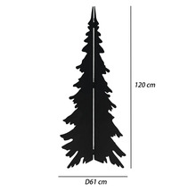 Silhouette de sapin de Noël en métal avec des dimensions de 120 centimètres de hauteur et 61 centimètres de diamètre.