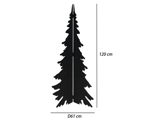 Silhouette de sapin de Noël en métal avec des dimensions de 120 centimètres de hauteur et 61 centimètres de diamètre.