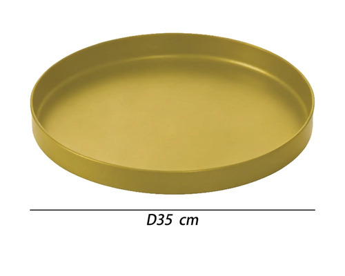 Plateau rond en métal doré d'un diamètre de 35 centimètres.