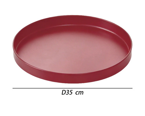 Soucoupe ronde pour pots de fleurs en plastique rouge avec un diamètre de 35 centimètres.