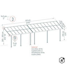 Technische Zeichnung einer Terrassenüberdachung mit detaillierten Maßen und optionalen Stützen. (Image AI modified or generated)