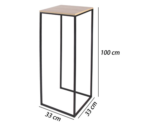 Sellette pour plantes haute avec cadre en métal noir et plateau clair aspect bois, dimensions 100 centimètres de haut et 33 sur 33 centimètres.