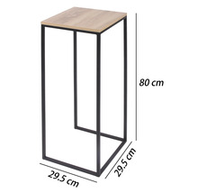 Sellette pour plantes avec cadre en métal et plateau en bois, hauteur 80 centimètres, largeur 29,5 centimètres, profondeur 29,5 centimètres.