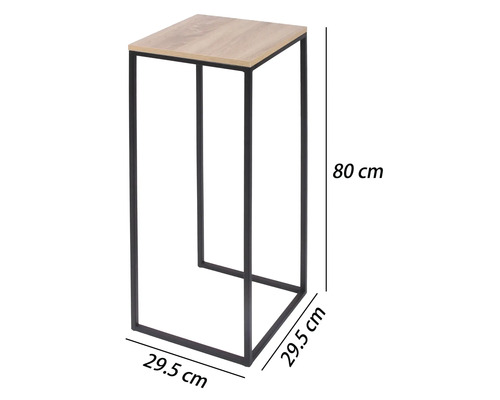 Sellette pour plantes avec cadre en métal et plateau en bois, hauteur 80 centimètres, largeur 29,5 centimètres, profondeur 29,5 centimètres.