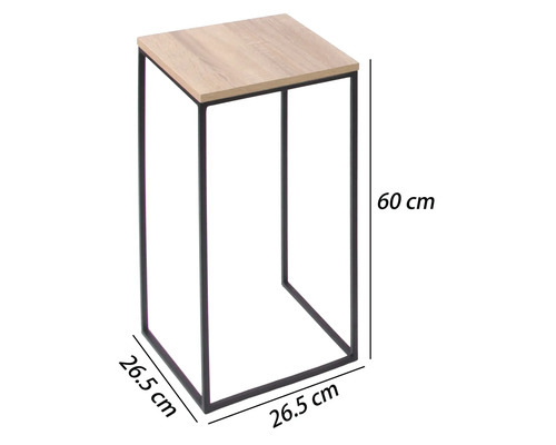 Sellette pour plantes avec plateau en bois et cadre en métal noir, hauteur 60 centimètres, largeur 26,5 centimètres, profondeur 26,5 centimètres.