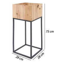 Support pour plantes composé d'un bac en bois carré sur un haut support métallique, dimensions 75 par 28 par 28 centimètres.