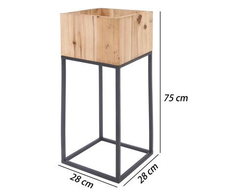 Support pour plantes composé d'un bac en bois carré sur un haut support métallique, dimensions 75 par 28 par 28 centimètres.