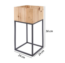 Support de plante avec caisse en bois sur cadre en métal noir, hauteur 56 centimètres, largeur 24 centimètres, profondeur 24 centimètres.